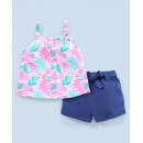 Babyhug 100% Cotton Sleeveless Tropical Print Top and Shorts with Bow Applique - Pink & Blue, 3-4yr