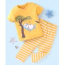Babyhug Cotton Half Sleeves Night Suit Panda & Stripes Print- Yellow, 2-3yr