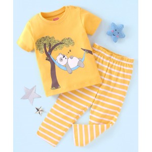 Babyhug Cotton Half Sleeves Night Suit Panda & Stripes Print- Yellow, 2-3yr