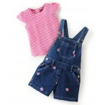 Babyhug 100% Cotton Half Sleeves Striped Tee & Dungaree Set Strawberry Embroidery- Pink & Mid Blue, 2-3yr