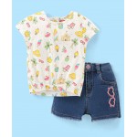 Babyhug 100% Cotton Knit Half Sleeves Top and Denim Shorts Set Beach Print - White & Blue, 2-3yr