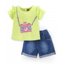 Babyhug 100% Cotton Half Sleeves Top & Shorts Camera & Hearts Print- Lime & Blue, 12-18m