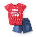 Babyhug 100% Cotton Half Sleeves Top and Denim Shorts Set Text and Polka Dots Print - Red & Blue, 3-4yr