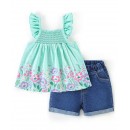 Babyhug 100% Cotton Knit Frill Sleeves Top & Denim Shorts with Bow Applique & Floral Print - Mint & Blue, 2-3yr