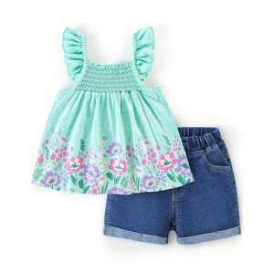 Babyhug 100% Cotton Knit Frill Sleeves Top & Denim Shorts with Bow Applique & Floral Print - Mint & Blue, 2-3yr