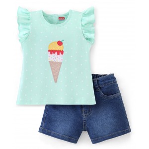 Babyhug 100% Cotton Sleeveless Top & Denim Shorts Set Ice Cream Patch- Blue & Indigo, 2-3yr