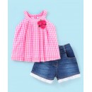 Babyhug 100% Cotton Sleeveless Checks Pattern Top and Denim Shorts with Floral Applique - Pink & Blue, 4-5yr