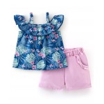 Babyhug 100% Cotton Off Shoulder Top With Shorts Floral Print - Navy Blue & Pink, 18-24m