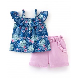 Babyhug 100% Cotton Off Shoulder Top With Shorts Floral Print - Navy Blue & Pink, 3-4yr