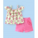 Babyhug 100% Cotton Cold Shoulder Top & Short Set Floral Print- Pink & Green, 3-4yr