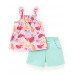 Babyhug 100% Cotton Knit Frill Sleeves Top & Shorts with Bow Applique & Fruits Print - Mint & Pink, 12-18m