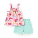 Babyhug 100% Cotton Knit Frill Sleeves Top & Shorts with Bow Applique & Fruits Print - Mint & Pink, 2-3yr