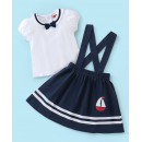 Babyhug 100% Cotton Half Sleeves Top and Skirt with Suspender Solid Colour - White & Blue, 6-9m
