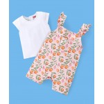 Babyhug 100% Cotton Half Sleeves Tee & Dungaree Set Tangerine Print- White & Light Orange, 18-24m