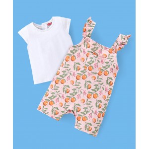 Babyhug 100% Cotton Half Sleeves Tee & Dungaree Set Tangerine Print- White & Light Orange, 18-24m