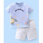 Babyhug 100% Cotton Striped T-Shirt & Shorts Set with Dolphin Print - Blue & White, 18-24m