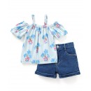 Babyhug 100% Cotton Cold Shoulder Sleeves Top & Shorts Set Floral Print- Blue & White, 18-24m