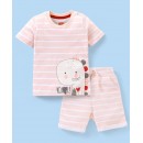 Babyhug 100% Cotton Knit Half Sleeves Striped T-Shirt & Shorts Dino Print  - Light Pink, 9-12m