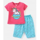 Babyhug Cotton Half Sleeves Capri Night Suit Hearts & Unicorn Print- Blue & Pink, 2-3yr