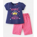 Babyhug Cotton Knit Half Sleeves Night Suit Mommys Princess Print - Navy Blue & Pink, 3-4yr