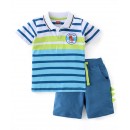 Babyhug 100% Cotton Knit Half Sleeves Striped T-Shirt & Shorts Set with Draw Cord & Dino Applique, 12-18m