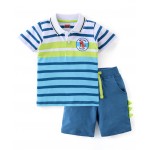 Babyhug 100% Cotton Knit Half Sleeves Striped T-Shirt & Shorts Set with Draw Cord & Dino Applique, 12-18m