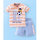 Babyhug 100% Cotton Knit Half Sleeves T-Shirt and Shorts Set Stripes & Bear Print - Peach & Blue, 18-24m