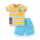 Babyhug 100% Cotton Knit Half Sleeves Striped T-Shirt & Shorts Set with Draw Cord & Dino Applique, 18-24m