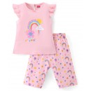 Babyhug Cotton Knit Frill Sleeves Capri Night Suit Rainbow Print- Pink, 3-4yr