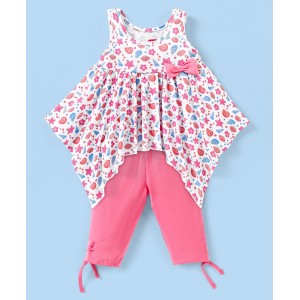 Babyhug 100% Cotton Sleeveless Top & Capri Set Shells Print - White & Pink, 12-18m