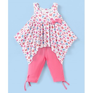 Babyhug 100% Cotton Sleeveless Top & Capri Set Shells Print - White & Pink, 3-4yr