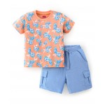 Babyhug 100% Cotton Knit Half Sleeves T-Shirt and Shorts Set Floral Print - Orange & Light Blue, 4-5yr