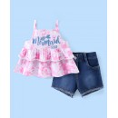 Babyhug 100% Cotton Knit Sleeveless Tie Dye Top & Denim Shorts Set Mermaid Squad Print - Pink & Blue, 18-24m