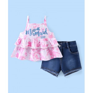 Babyhug 100% Cotton Knit Sleeveless Tie Dye Top & Denim Shorts Set Mermaid Squad Print - Pink & Blue, 3-4yr