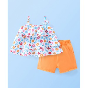 Babyhug 100% Cotton Jersey Knit Sleeveless Layered Top & Shorts Set Floral Print - White & Orange, 2-3yr