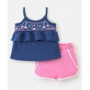Babyhug 100% Cotton Knit Sleeveless Top & Short Floral Print - Navy Blue & Pink, 2-3yr