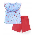 Babyhug 100% Cotton Knit Sleeveless Striped Top & Shorts Set with Bow Applique Cherry Print - Blue & Red, 6-9m