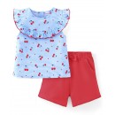 Babyhug 100% Cotton Knit Sleeveless Striped Top & Shorts Set with Bow Applique Cherry Print - Blue & Red, 9-12m