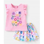Babyhug 100% Cotton Knit Sleeveless Top and Skirt Set Floral Print - Blue & White, 18-24m