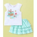 Babyhug 100% Cotton Knit Cap Sleeves Top & Layered Skirt Set Picnic Basket Print- White & Turquoise, 12-18m