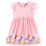 Babyhug 100% Cotton Frill Sleeves Frock With Bow Applique Floral & Dot Print- Pink, 18-24m