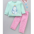 Babyhug Full Sleeves Cotton Night Suit Penguin & Snowflakes Print- Green Pink, 4-5yr