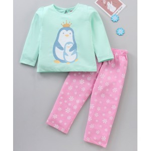 Babyhug Full Sleeves Cotton Night Suit Penguin & Snowflakes Print- Green Pink, 4-5yr