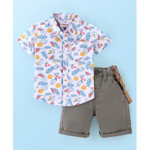 Babyhug 100% Cotton Woven Half Sleeves Shirt and Shorts Set with Suspender Fruits Print - White & Grey, 12-18m