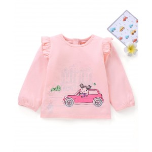 Babyhug Full Sleeves Cotton Top with Car Graphic and Frill Detailing - Pink, 6-9m