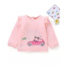 Babyhug Full Sleeves Cotton Top with Car Graphic and Frill Detailing - Pink, 9-12m