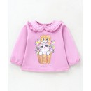 Babyhug Cotton Full Sleeves Tee  With Frill Detailing & Cat Graphics- Light Purple, 9-12m