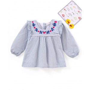 Babyhug Full Sleeves Yarn Dyed Striped Cotton Cambric Top With Floral Embroidery Lace & Frill Detail, 6-9m