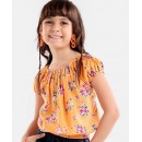Babyhug Cap Sleeves Off Shoulder Rayon Top With Floral Print & Smocking - Mustard, 12-18m