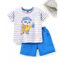 Babyhug 100% Cotton Knit Striped T-Shirt & Short Set Koala Print - Grey & Blue, 9-12m